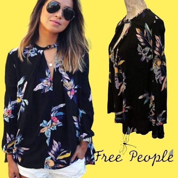 Free People Tops - Free People Black Tropical Floral Tunic Top